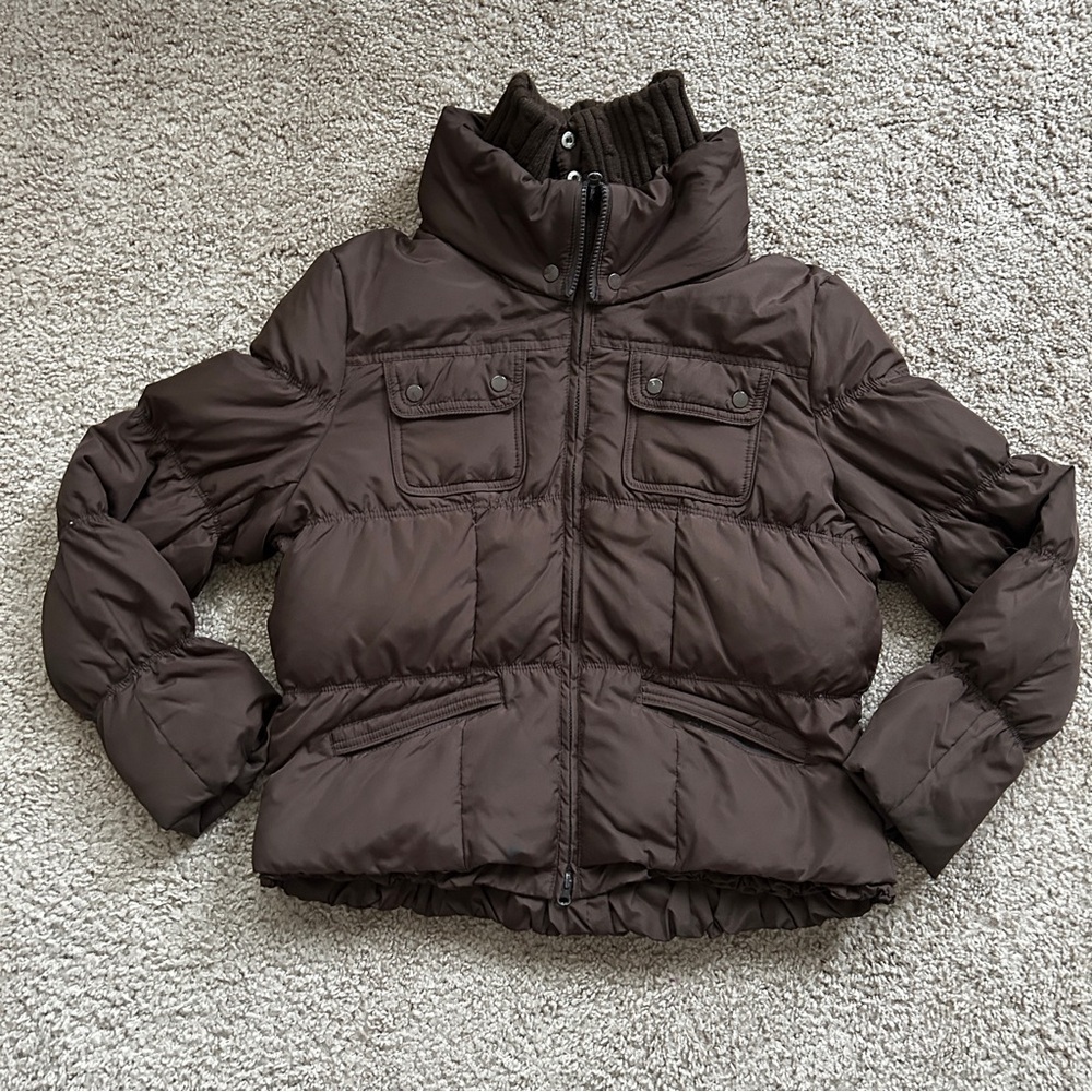 CoffeeShop Chocolate Brown Zip Up Down Feather Puffer Jacket Size Medium - Picture 3 of 15
